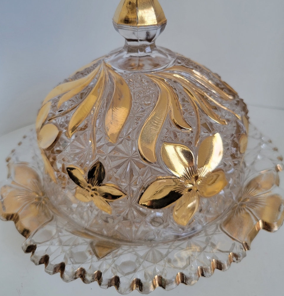 Vintage Cut Crystal Trimmed With Gold Floral Accents Domed Butter Dish